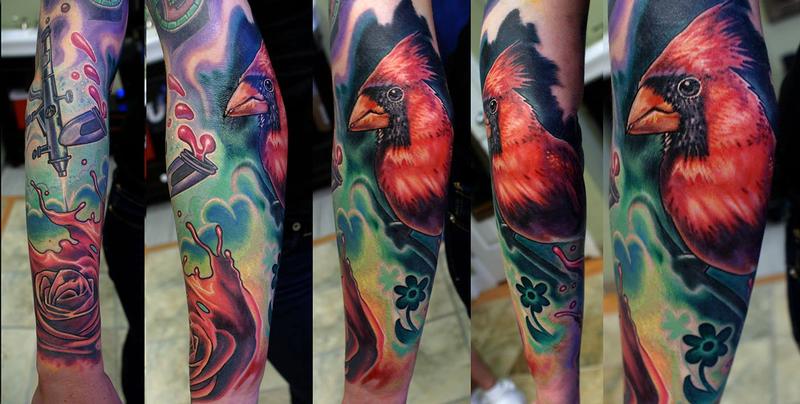 Colorful Cardinal Tattoo On Arm Sleeve