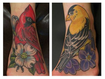 Colorful Cardinal Tattoos On Feet