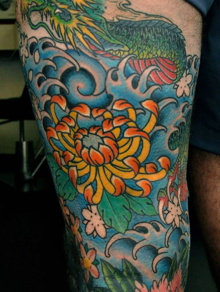 Colorful Chrysanthemum Tattoo On Leg