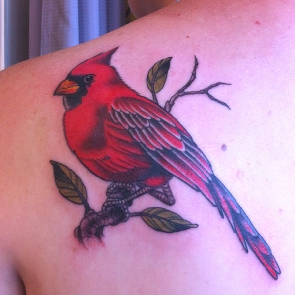 Cute Cardinal Tattoo On Left Back Shoulder