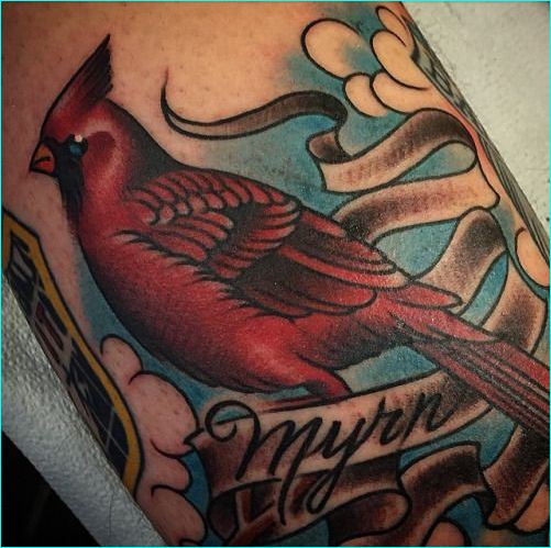 Cute Red Cardinal With Myrn Banner Tattoo