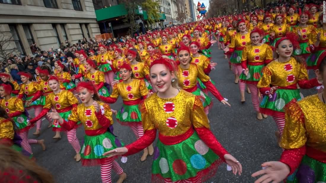 Dancers Move Down Central Park West During The Thanksgiving Day Parade