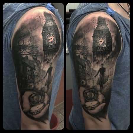 Dark Ink Big Ben Tattoo On Half Sleeve