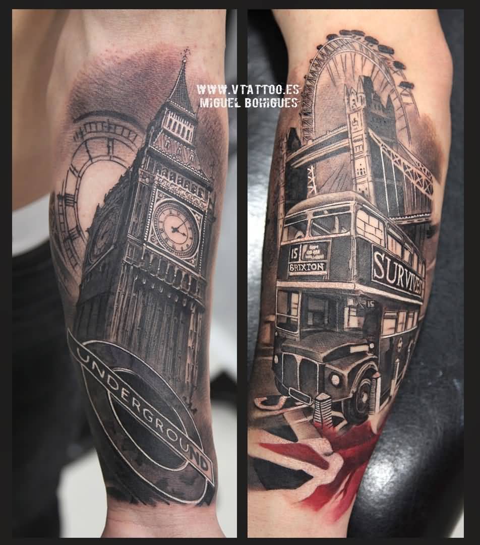 Dark Ink Big Ben Tattoo On Left Sleeve by Miguel Bohigues