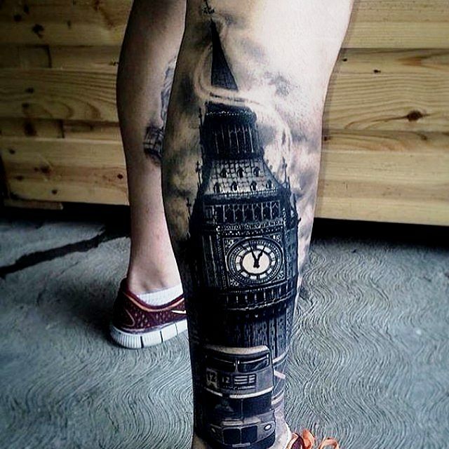 Dark Ink Big Ben Tattoo On Right Leg