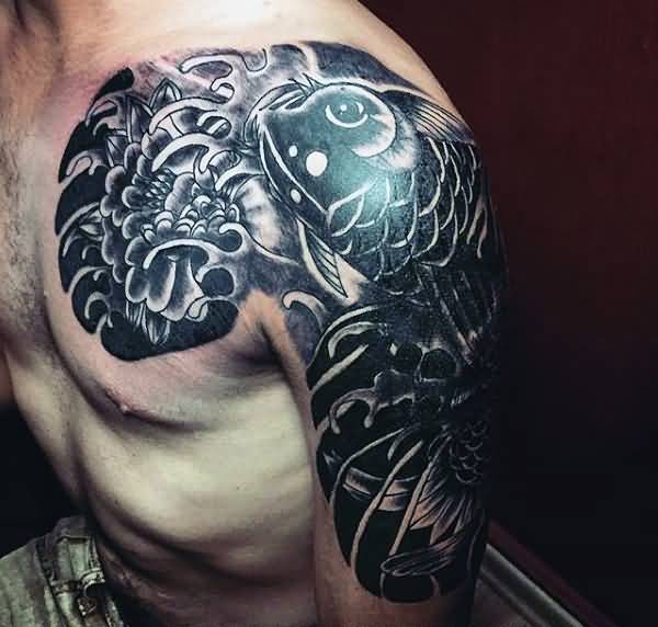 Dark Ink Dragon Fish Tattoo On Left Shoulder For Men