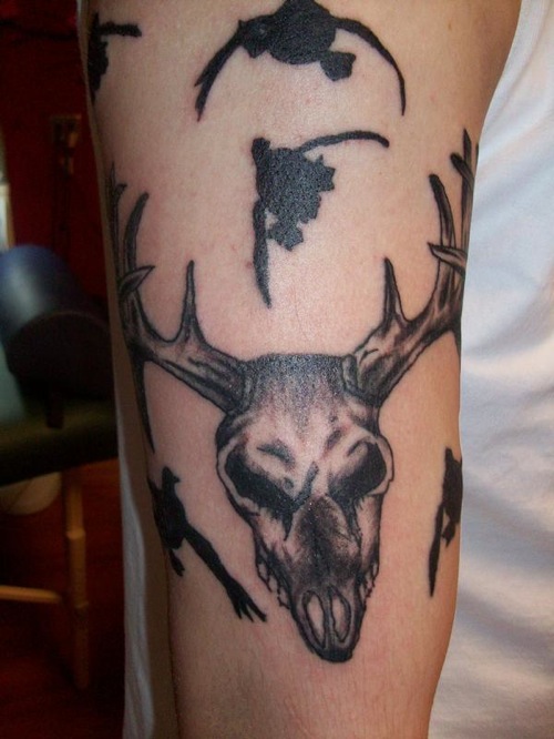 Deer Skull And Silhouette Duck Tattoos On Right Half Sleeve