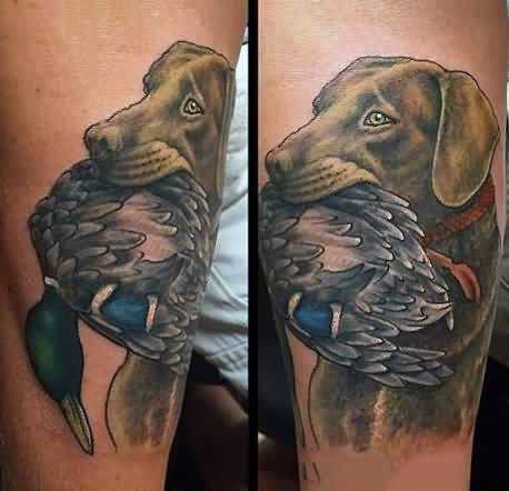 Dog With Duck In Mouth Tattoo