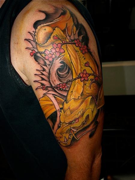 Dragon Fish Tattoo On Left Shoulder For Men