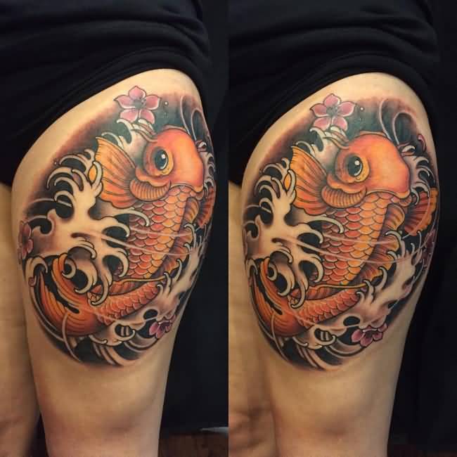 Dragon Fish Tattoo On Left Thigh