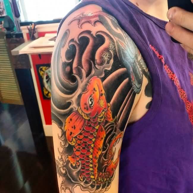 Dragon Fish Tattoo On Right Shoulder