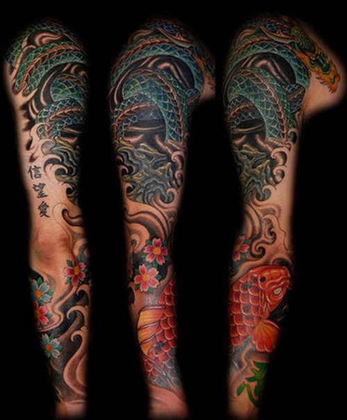 Dragon Koi Fish Tattoo On Full Sleeve
