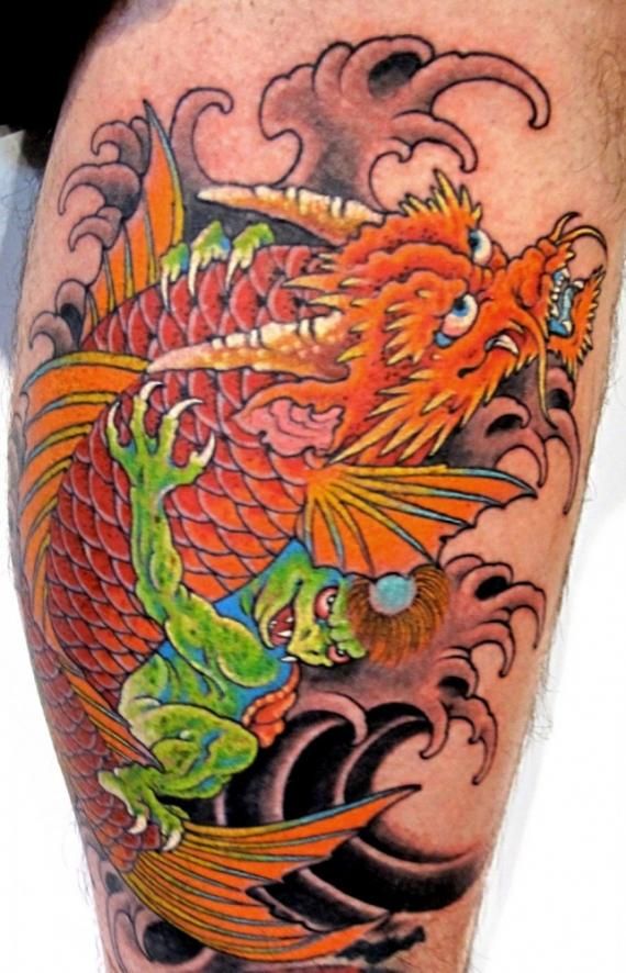 Dragon Koi Fish Tattoo On Leg by Chris Garver