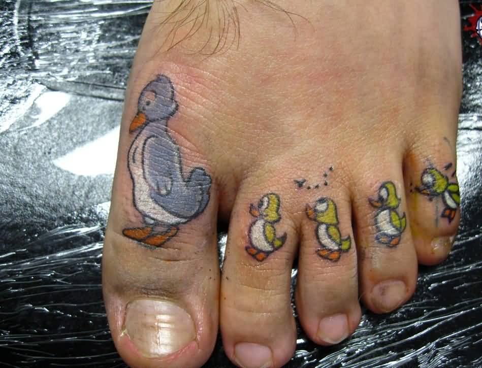Duck Family Tattoo On  Left Foot Fingers