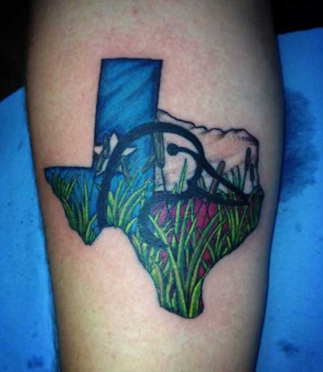 Duck Head In Texas Map Tattoo On Leg