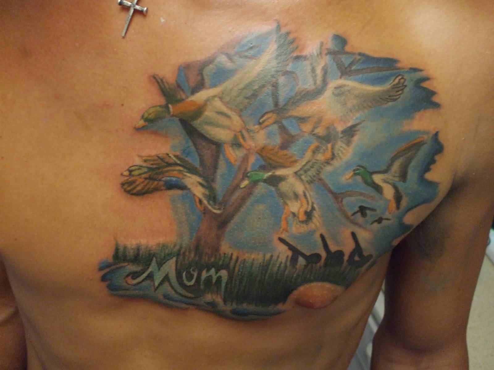 Duck Hunting Tattoo On Man Chest