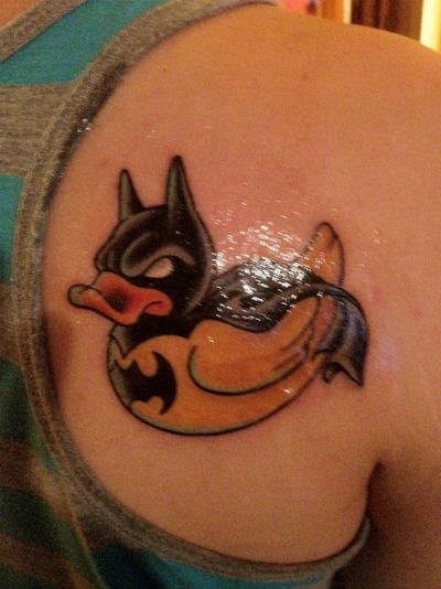 Duck In Batman Costume Tattoo On Right Back Shoulder
