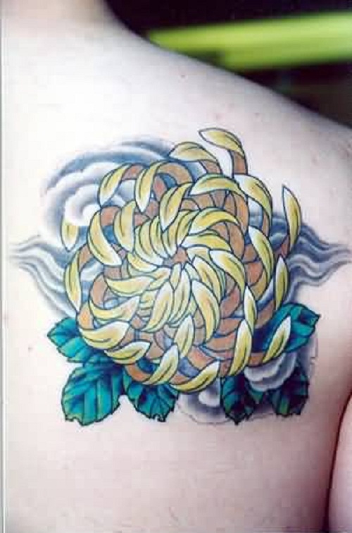 Famous Chrysanthemum Tattoo On Right Back Shoulder