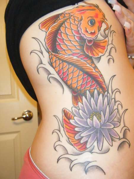 Flower And Dragon Fish Tattoo On Side Rib For Girls