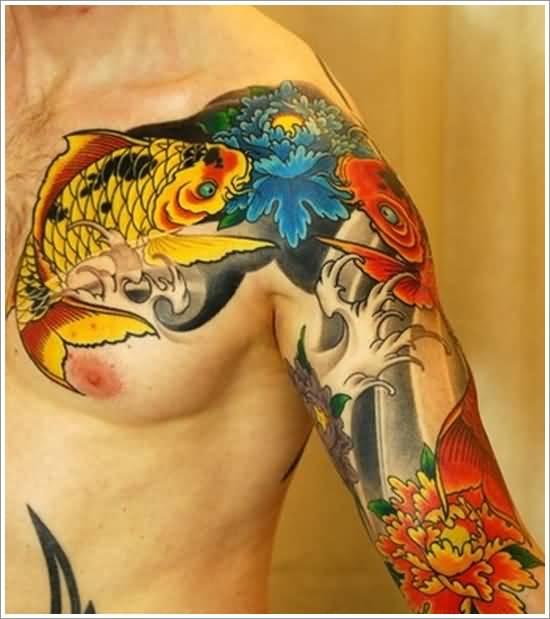 Flowers And Dragon Fish Tattoo On Front Shoulder