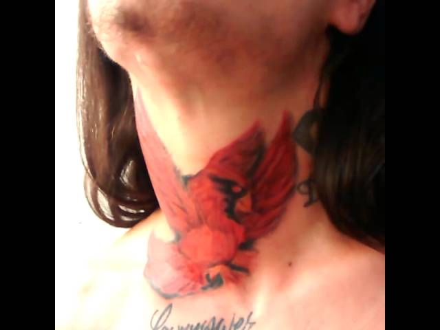 Flying Cardinal Tattoo On Neck For Girls