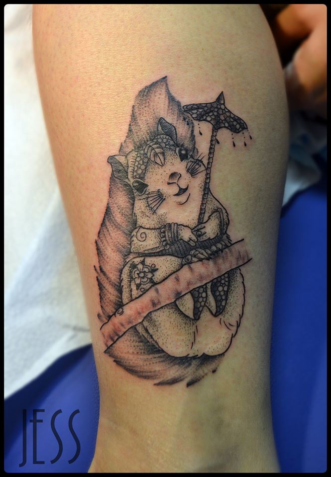 Geometric Squirrel Tattoo On Leg by Jess Dunfield