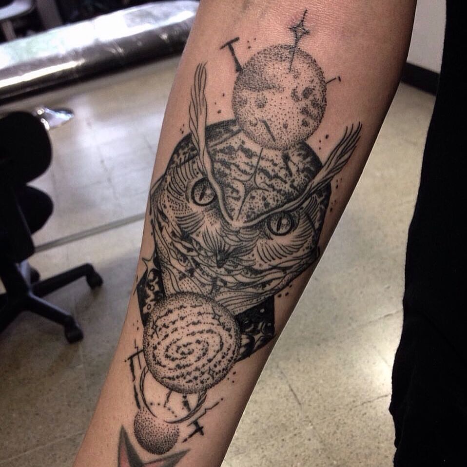 Geometric owl Head Tattoo On Forearm by Danielrozo Tattoo
