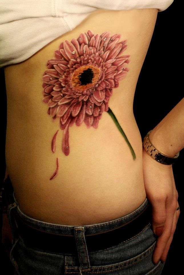 Girl Side Rib Chrysanthemum Tattoo