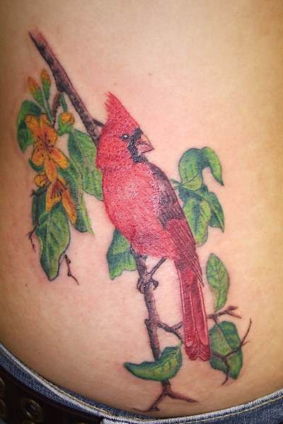 Green Leaves And Cardinal Tattoo On Lower Back