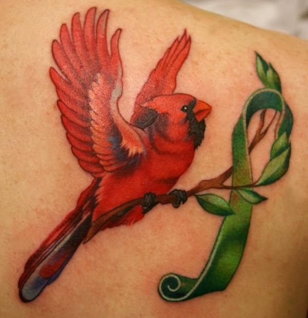 Green Ribbon And Cardinal Tattoo On Right Back Shoulder