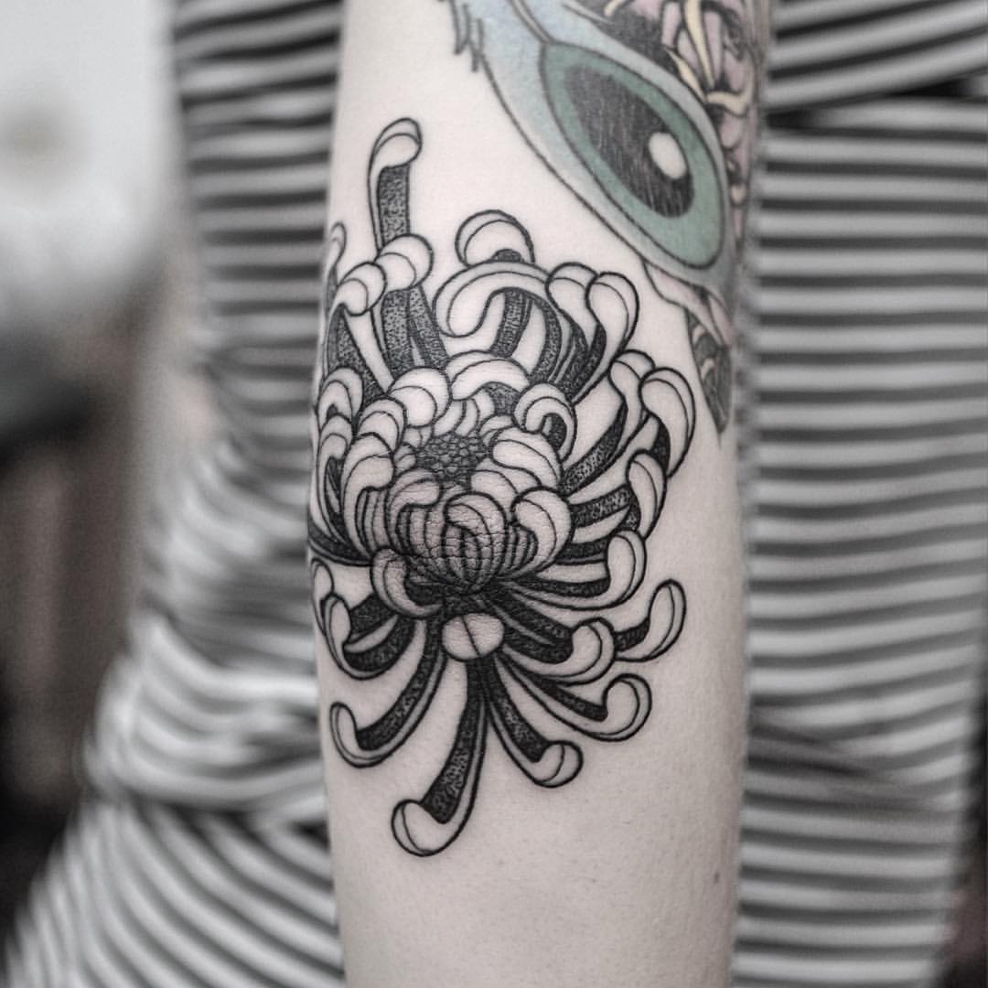 Grey And Black Chrysanthemum Tattoo On Elbow