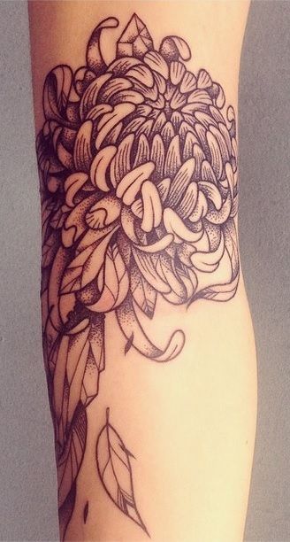 Grey Dotwork Chrysanthemum Tattoo On Left Sleeve