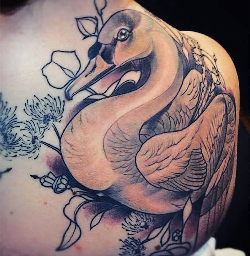 Grey Duck Tattoo On Back Body