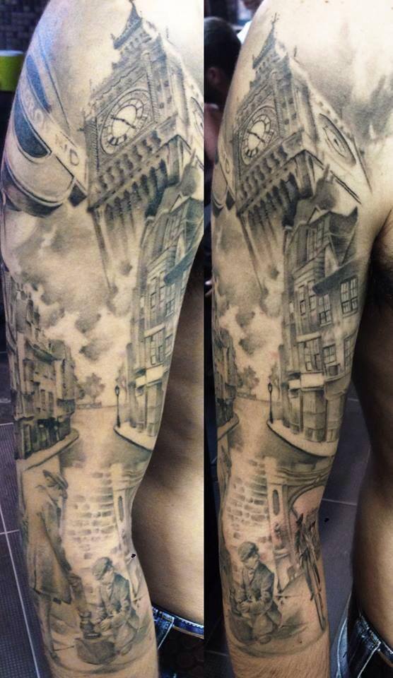 Grey Ink Big Ben Tattoo On Full Sleeve