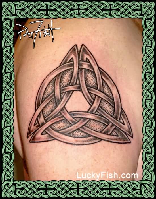 Grey Ink Celtic Knot Tattoo On Shoulder