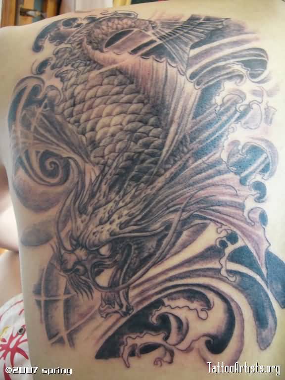 Grey Ink Chinese Dragon Fish Tattoo On Left Back Shoulder