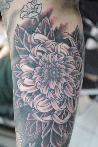 Grey Ink Chrysanthemum Flower Tattoo On Leg