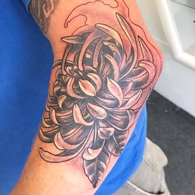 Grey Ink Chrysanthemum Tattoo On Arm
