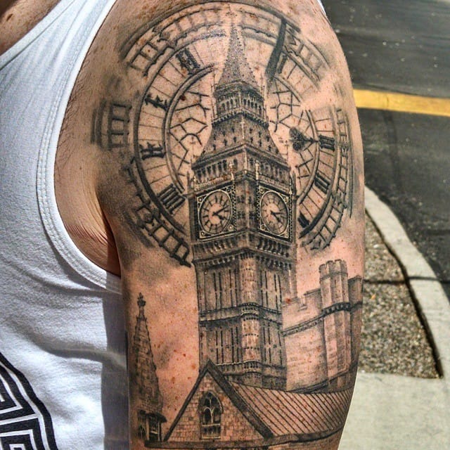 Grey Ink Clock And Big Ben Tattoo On Left Shoulder