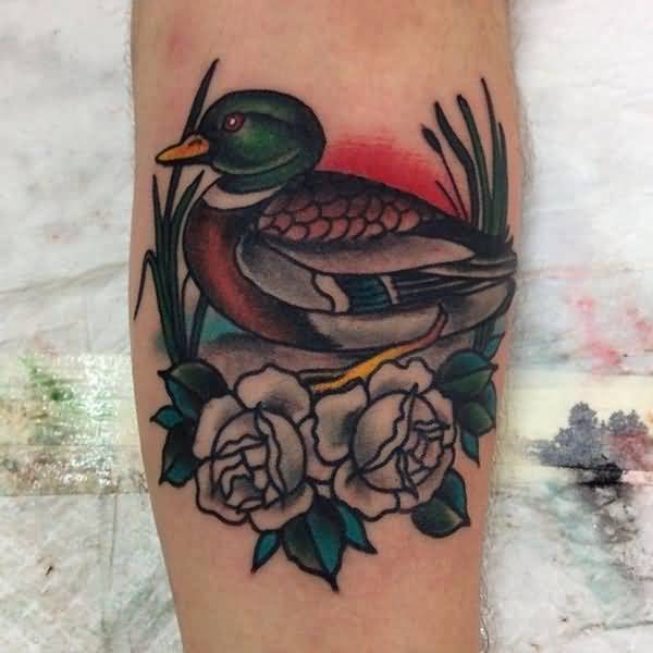 Grey Rose Flowers And Colored Duck Tattoo on Leg