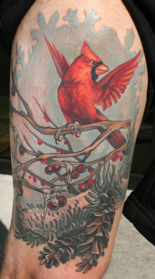 Half Sleeve Cardinal Tattoo On Thigh