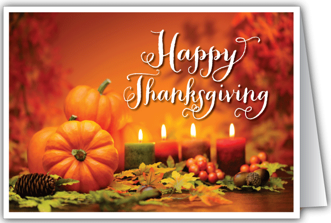 Happy Thanksgiving Candles And Pumpkins On Greeting Card
