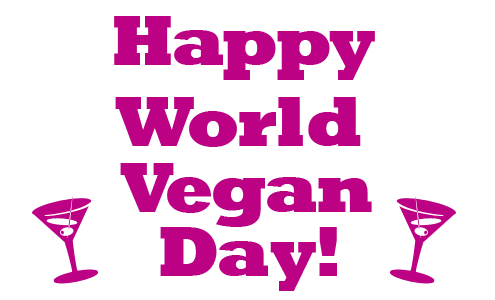 Happy World Vegan Day Pink Text With Wine Glasses