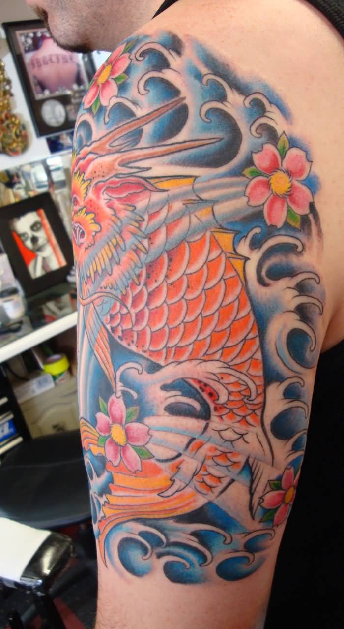 Japanese Dragon Fish Tattoo On Left Half Sleeve