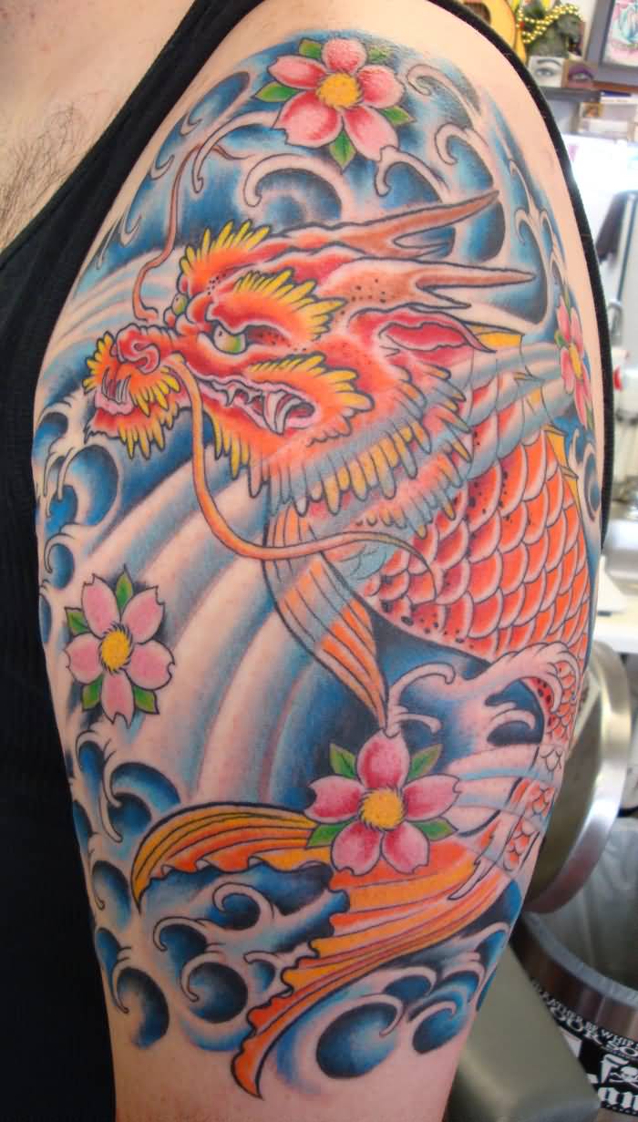 Japanese Flowers And Dragon Fish Tattoo On Left Half Sleeve
