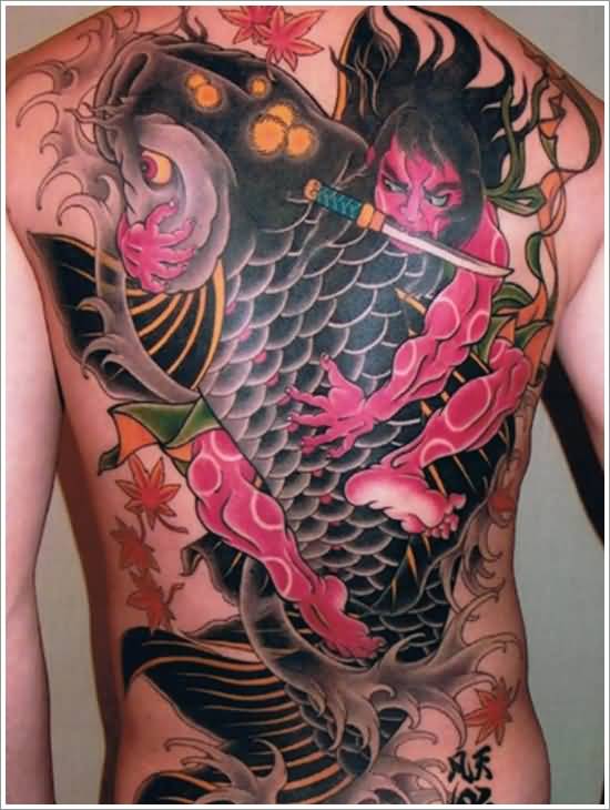 Japanese Koi Dragon Fish Tattoo On Full Back