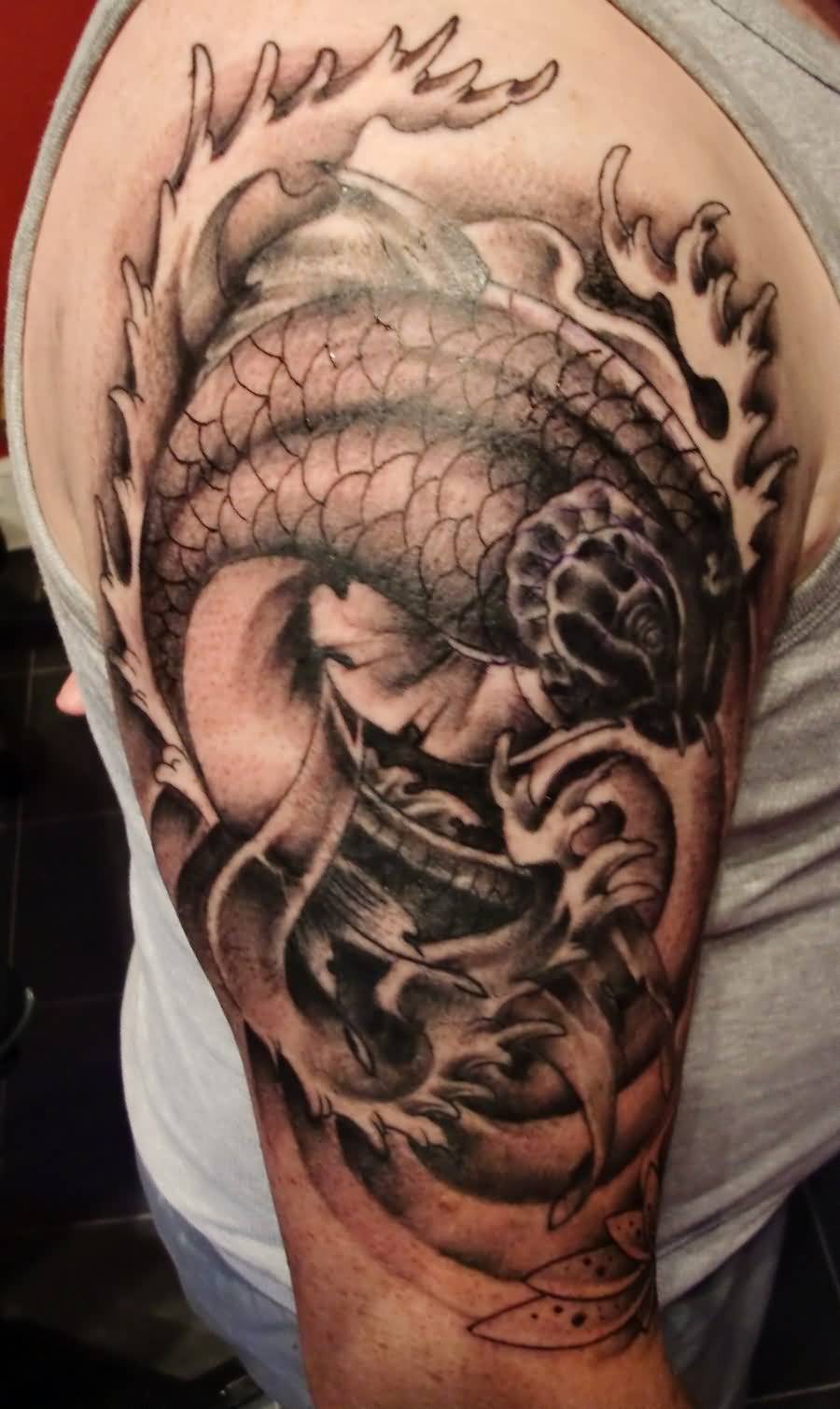 Koi Dragon Fish Tattoo On Right Half Sleeve For Men