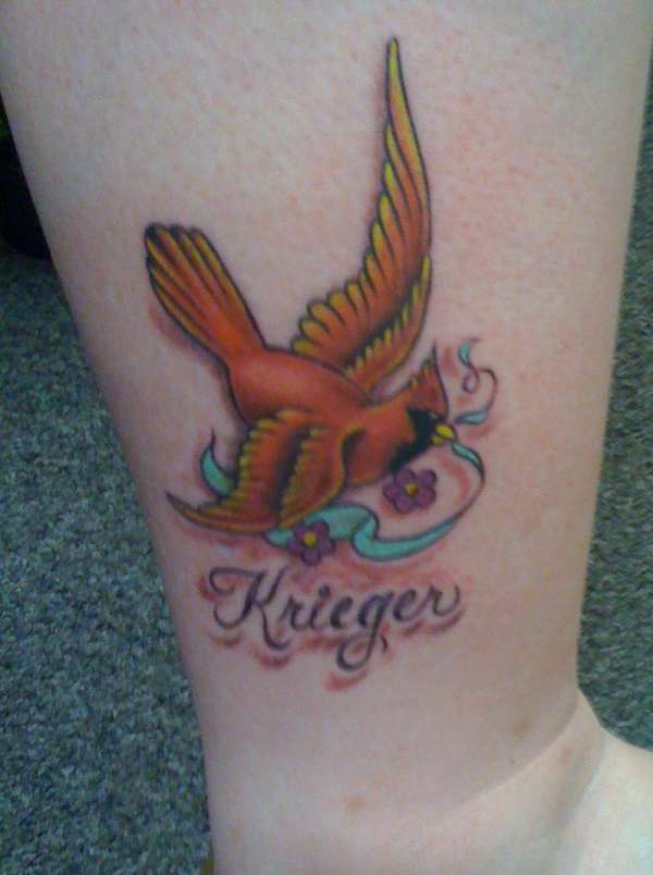 Krieger Name And Flying Cardinal Tattoo Idea