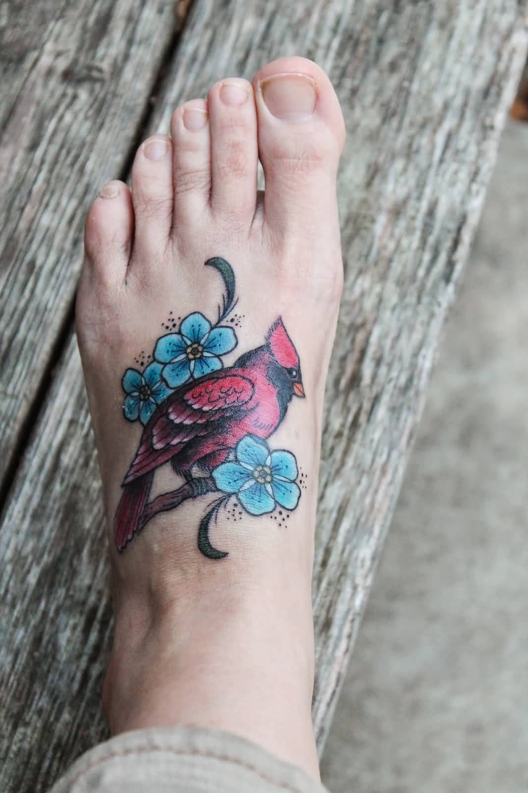 Left Foot Blue Flowers And Cardinal Tattoo