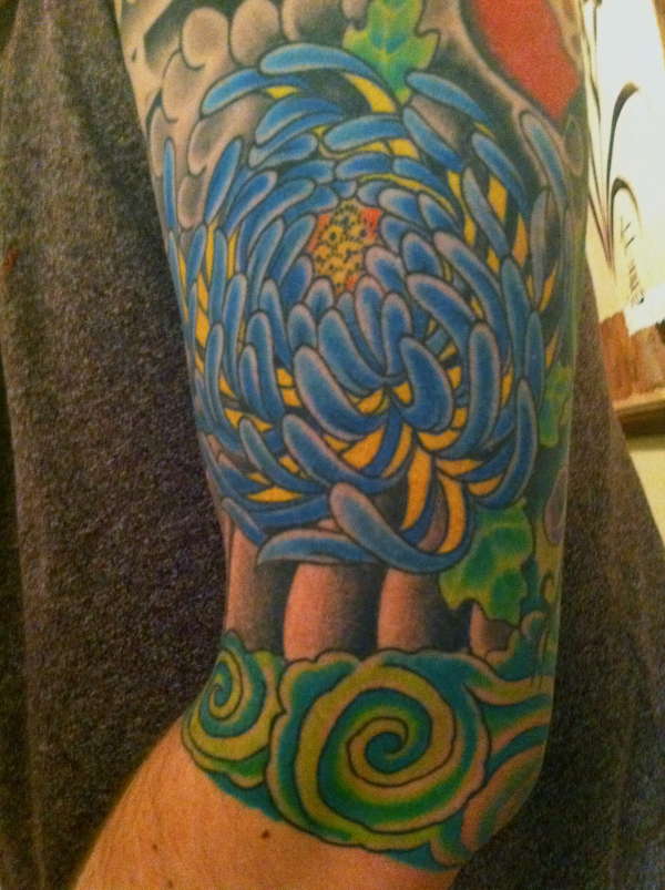Left Sleeve Chrysanthemum Tattoo For Men